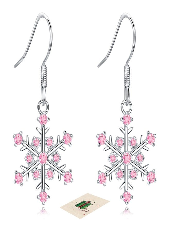 Sfoni Christmas Snowflake Earrings, Silver Sparkling CZ Crystal Dangle Drop Earrings 18K White Gold Rhinestone Xmas Earrings Jewelry Gift for Women Mum Daughter Sister with Gift Card & Box, Pink Stone - Image 1